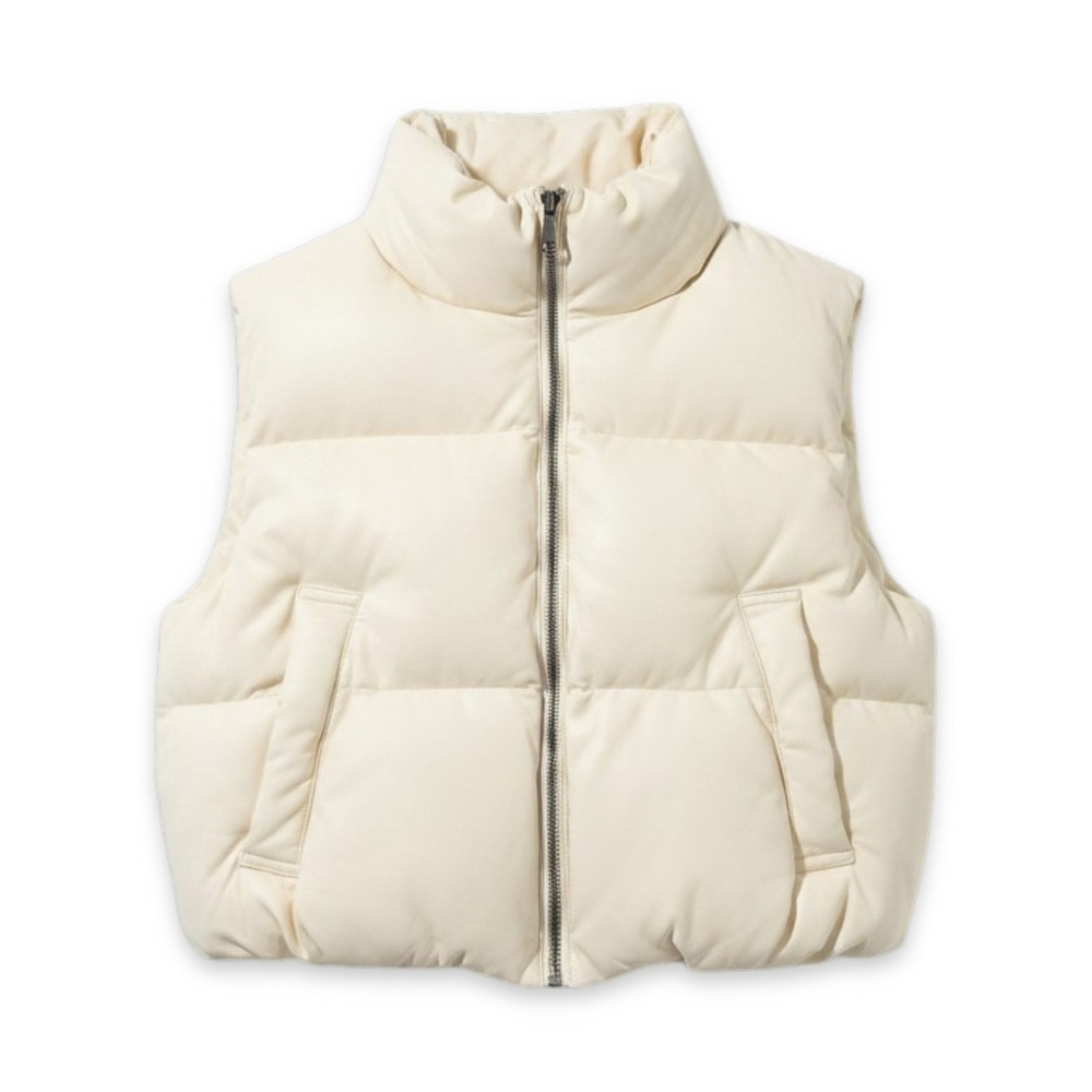 Double Zero Faux Leather Puffer Vest Womens XS Cream Cropped Zip Up Outerwear